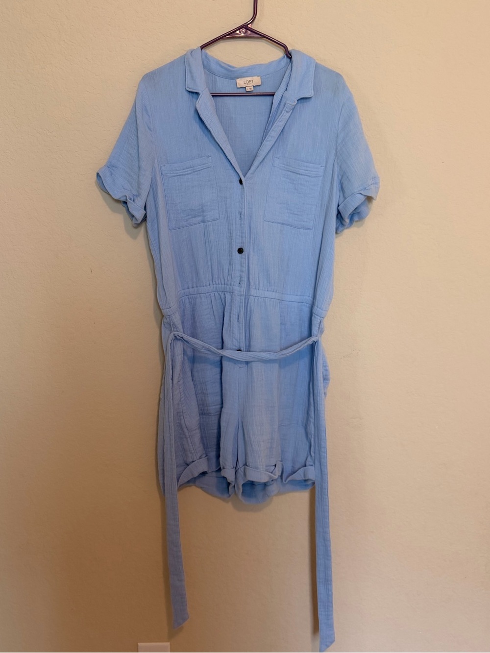 LOFT Light Blue Short-Sleeve Utility Romper with Tie Waist